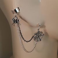 This is a really cool spider and web ear cuff & earring. The ear cuff is silver and has a silver spider charm attached. The two chains hanging down are bronze and gunmetal. The chains are connected to a bronze spider web earring, which is made of the bronze web connected to a silver ear stud. The ear stud is for a pierced ear lobe. Color choices for the web: Bronze Silver Color Choices for top and bottom chains: Both Bronze Both Gold Both Gunmetal Both Silver A - Top Silver / Bottom Bronze B