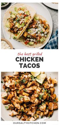 Grilled Chicken Tacos are perfect for a fast, friendly, choose-your-own-adventure weeknight dinner that's approved by picky eaters, and everyone else too! Our simple marinade is just taco seasoning, garlic, lime juice, and olive oil. Marinate 2 hours for a flavorful crust, then grill the chicken in as little as 10 minutes. Serve these American style or street style with your favorite taco toppings in grilled tortillas. Oven free dinners for the win! #chickentacos #grilledtacos #easydinner