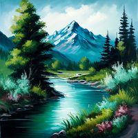 This high-quality digital image captures the natural beauty of a mountain river flowing among the mountains. The image appears to be painted on canvas, making it perfect for printing and framing as a unique piece of artwork that brings a sense of serenity and peace to any space. standard 70*cm*70cm 300dpi File Tif!