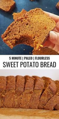 Craving pumpkin bread? Well, I have something better for you to try... This sweet potato bread is like thanksgiving in a loaf pan, you're welcome. This is how I tried to make bread using sweet potatoes instead of flour. Paleo pumpkin spice bread made in just a few minutes using sweet potatoes! Easy gluten free pumpkin bread recipe. #paleo #pumpkinspice #bread #baking