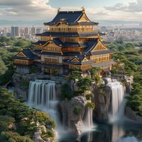 A golden Japanese castle built partially with gold. It is located on top of natural waterfalls. Want a portrait painted for your pet? Hire an affordable freelancer painter at this Fiverr link. I may receive a commission from this pin if you purchase from the link.