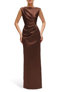 Dazzle the crowd with this stunning, figure-hugging cap-sleeve dress made from stretch charmeuse with radiating pleating at the side waist and a floor-grazing skirt. 61" length (size 8) Hidden back-zip closure Bateau neck Cap sleeves Back slit Lined 95% polyester, 5% spandex Machine wash, line dry Imported