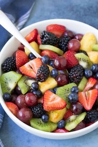 This Fruit Salad has a delicious combination of colorful fruits and berries plus a sweet and tangy honey-lime dressing. Easy, healthy recipe!