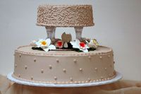 Two tier chocolate buttercream iced cake with delicate scrolling and hand designed white and bright pink and yellow orchids