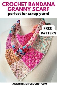 This free pattern for a crochet bandana can also be worn as a head scarf. It uses classic granny squares for a unique, patchwork look that’s both boho and vintage-inspired. Whether you want to use up your fingering weight yarn scraps or create a coordinated color scheme, this bandana can be customized to fit your style.