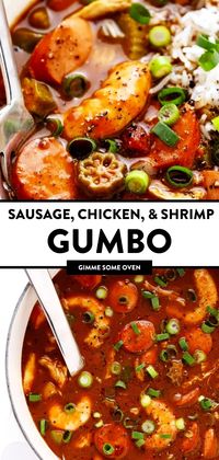 The classic dark roux is undeniably the star of my favorite gumbo recipe, lending the most delicious, rich, nutty depth of flavor to the stew. This gumbo is made with a trio of Andouille sausage, chicken, and shrimp. But feel free to add in your favorite proteins to turn this into your favorite gumbo too!