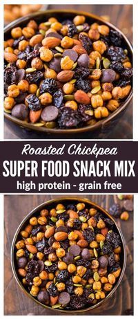 Roasted Chickpea Snack Mix – Crunchy cinnamon oven roasted chickpeas with dried cherries, almonds, pumpkin seeds, and dark chocolate. Sweet, spicy, and so addictive! Easy, packed with super foods, and high protein, it’s the perfect on-the-go healthy snack recipe! #vegan #easy #roastedchickpeas #healthy #snack via @wellplated