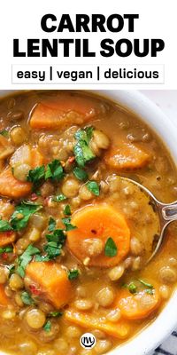 This nourishing, comforting carrot lentil soup combines hearty lentils and tender carrots with their wonderful sweet flavor. It's SO delicious! #lentilrecipes #lentilsoups #vegansouprecipes