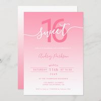 Stylish girly pink gradient ombre script sweet 16 Invitation Size: 5" x 7". Gender: unisex. Age Group: adult. Material: Semi-Gloss.