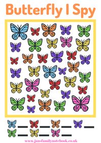 Butterfly I spy game free printable. Great for spring, summer busy bags and road trips. Free printable activities for kids.