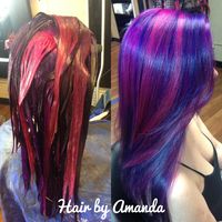 Purple hair. Pink hair. Wild orchid hair. Medium haircut. Straight hair. Healthy hair.