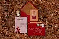 Modern Boho Desert Wedding: Modern Geometric Wedding Invitation Suite featuring terracotta colors and suede envelope liner. Wedding envelope with modern calligraphy.