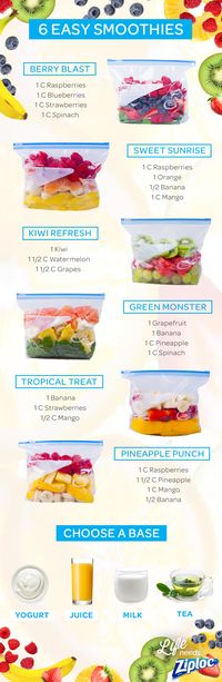 Shake up your smoothie routine with these tasty fruit and veggie combinations, featuring strawberries, raspberries, spinach, mango, banana, kiwi, and grapes. Each recipe can be pre-portioned in a Ziploc® bag and frozen ahead of time. Then you can just grab a bag, let it thaw, add yogurt, juice, milk, or tea as your liquid base, and blend. These smoothie ideas are perfect for kids or your morning breakfast.