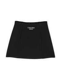 logo-print A-line skirt from CALVIN KLEIN KIDS featuring black, logo print to the front, pleat detailing, elasticated waistband, A-line skirt and thigh-length.