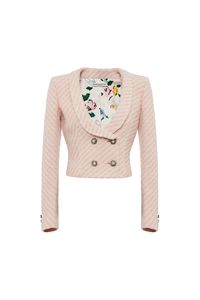 Double breasted jacket in striped cotton blend tweed with shawl collar and silver tone, crystal and pearl buttons