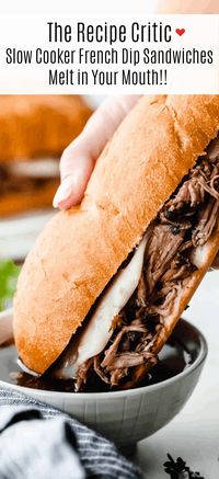 Slow Cooker French Dip Sandwiches are filled with tender chunks of roast beef with thin slices of melted mozzarella cheese all held together by a soft hoagie bread all dipped in au jus sauce. This warm, savory and comforting sandwich is a MUST!