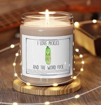 "Packed with immersive aromas, these scented candles come in 9oz glass jars and are one size (2.8″ × 3.5\") (7.1cm × 8.8cm). Made with 100% natural soy wax blend, each candle features a 100% cotton wick and a permanent adhesive label where your custom designs can come alive. .: Materials: 100% natural soy wax blend, 100% cotton wick and a glass jar .: One size: 2.8″ × 3.5\" (7.1cm × 8.9cm) .: Burning time: 50-60 hours .: Glossy permanent adhesive label .: Choose from five different aromatic scents .: Assembled in the USA from globally sourced parts .: NB! All scents have the same wax color pickle gift, pickle gifts, pickle shirt, pickles, pickle lover, pickle lover gift, pickle, dill pickle, i love pickles, christmas pickle, funny pickle gift, pickle lover shirt, pickles gift,"