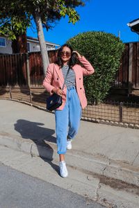 Slouchy Jeans, Pink Blazer, Striped T shirtm Crossbody Bag. Casual outfits for Women