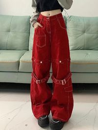 ⚡Buy 2023 Top-stitching Buckle Design Removable Wide Leg Pants Red L under $62.00 in Pants at AnotherChill.com Online. Style: Casual/Street/Punk/Vintage/Y2K/Hip Pop. Fabric Content: Cotton. Fit Type: Loose Fit. Comfortable Fit: With a loose fit, these pants offer ultimate comfort without compromising on style.. Unique Design: These pants feature a top stitching and buckle design, making them a standout piece in any wardrobe. The removable parts add a versatile touch, allowing you to change up your style as you please.. Versatile Style: With a blend of street, punk, vintage, Y2K, and hip pop styles, these pants can be paired with a variety of tops and shoes to create different looks. They're a versatile addition to any fashion forward wardrobe.. Easy to Wear: Thanks to their adjustable desi