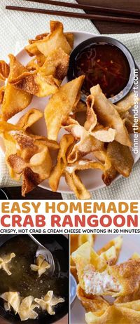 Easy Crab Rangoon recipe for a beloved appetizer of crispy wontons with a creamy crab filling made of cream cheese and imitation crab meat.