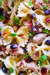 Chicken Pasta Salad with Pecans, Cranberries, and Creamy Poppy Seed Dressing.