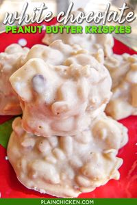 White Chocolate Peanut Butter Krispies - only 5 ingredients! White chocolate, peanut butter, peanuts, Rice Krispie cereal, and marshmallows. Great holiday and party treat! Everyone always asks for the recipe! The candy is made in the microwave. No candy thermometer required! #candy #whitechocolate #peanuts