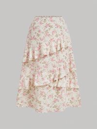 Plus Size Multilayer Ruffle Romantic Floral Printed A-Line Skirt Multicolor Boho   Woven Fabric Floral,Plants,All Over Print Layered/Tiered Non-Stretch  Women Plus Clothing, size features are:Bust: ,Length: ,Sleeve Length: