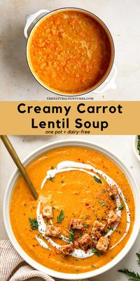 Creamy Carrot Red Lentil Soup is quick and simple to make, full of warm spices, dairy-free, vegan, and full of plant based protein. #veggieloaded