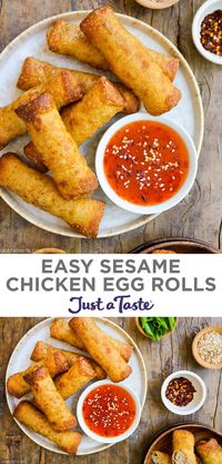 This Easy Sesame Chicken Egg Rolls recipe stars this most flavor-packed mix of ground chicken, veggies, garlic and sesame oil. They're perfectly crispy finger-friendly snacks or appetizers! justataste.com #eggrolls #groundchicken #sesamechicken #eggrollrecipes #justatasterecipes