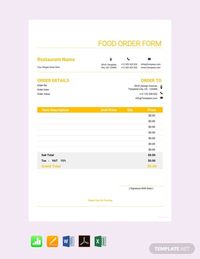 Instantly Download Free Food Order Form Template, Sample & Example in PDF, Microsoft Word (DOC), Microsoft Excel (XLS), Apple Pages, Apple Numbers Format. Available in A4 & US Sizes. Quickly Customize. Easily Editable & Printable.