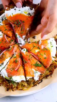 Ingredients:  • 2-3 large yukon gold potatoes.  • 1 tbsp melted butter.  • 1 tbsp olive oil.  • Salt and pepper to taste.  • labneh or créme fraîche to taste.  • smoked salmon to taste.  • Capers to taste.  • chives to taste.  • dill to taste.  • Black pepper.  • red onion to taste.  Directions:  1.-Add more olive oil and butter to a preheated cast iron.  2.-Gently press it with the spatula but don't over press so they're still a bit fluffy.  3.- Cook for about 12-15 min per side on medium/ high or until golden brown. Top it with the labneh, chives, dill, salmon, capers, olive oil & pepper. #SmokedSalmonPizza #PotatoPizza #GourmetPizza #PizzaLovers #Foodie #DeliciousEats #CulinaryCreations #HomemadePizza #ComfortFood #FoodInspo #PizzaNight #TastyTreats #FoodPhotography #RecipeOfTheDay #Yum