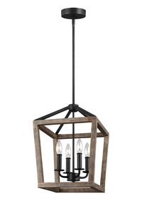 The Gannet 4-Light Chandelier by Feiss exudes rustic charm with a carefully crafted two-toned finish of painted, distressed Weathered Oak on an Antique Forged Iron metal frame. Clean, crisp edges and bold lines give a tailored look to this classic lantern silhouette. Gannet features open, airy frames on the sides and crown. The Gannet 4-Light chandelier is offered in two sizes: 26.75"H x 18"W and a 17"H x 12"W. Ideal for dining room lighting.