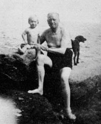 ALEISTER CROWLEY (1938? or 1940s) | On a beach in Cornwall with his son Randall Gair - nicknamed Aleister Ataturk - whose mother was Deirdre Patricia Doherty, grand-daughter of Thomas Cooper Gotch (Reproduced in Ithell Colquhoun's 'Living Stones') ✫ღ⊰n