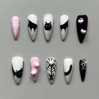 PLEASE READ BEFORE BUYING! Nail design: Black, white, and pink halloween nails. Black cat bat with wings and tail. Spider with web and hearts. Each nail is unique.  Sizing: I would highly recommend using custom sizes for your nails! Please message me (or enter in customisation section) your nail sizes from side to side in mm. Note: your nails on your left hand and right hand may be different sizes! Please check sizes are correct for both hands.  Another way to get custom sizing is to send me a p