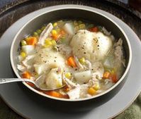 A wonderful recipe for left-over Turkey, or anytime! Substitute chicken for classic Chicken and Dumplings. This is an easy, homestyle recipe sure to please.   Ingredients:     	8 medium carrots, cut into 1/4 inch chunks   	4 celery ribs, cut into 1/4 inch chunks   	1 cup chopped white or yellow onion   	1/2 cup