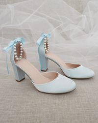 Light Blue Satin Block Heel With Pearls Ankle Strap Women - Etsy