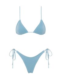 A side-tie bikini in blue lurex sparkle. Triangle top with adjustable fixed shoulder straps and bottoms with self-tie fastenings. This bikini also comes with a neoprene zip bag.Model is 5’7” / 170cm, bust 32” / 81cm, hips 34” / 86cm and wears XS top and bottom. # SUMMER NEVER ENDS