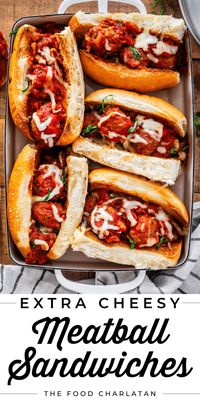 Laura's Meatball Sub Recipe from The Food Charlatan. My sister makes the most AMAZING Meatball Sub Sandwiches, my whole family is obsessed. I finally got her recipe, and it's our new favorite weeknight meal! You can make these in the slow cooker for a busy day, or on the stove top if you have some time. They are great for feeding a crowd, I'm thinking game day! Who could say no to this level of cheesy-beefy goodness? Grab yourself some hoagies and I'll show you just how to make them.