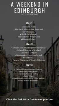 If you are going to be spending the weekend in Edinburgh, here is a weekend itinerary for Edinburgh.  Click the link for a free travel planner.