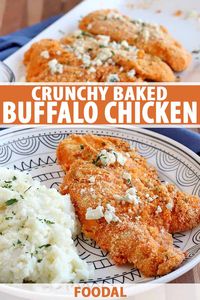 Put dinner on the table in 30 minutes easily with our Buffalo baked chicken cutlets. The spicy poultry is crunchy and juicy, with a tangy topping of creamy crumbled blue cheese. It’s a fun way to enjoy your favorite wings flavor as an entree, with less mess. Get the recipe now. #buffalochicken #30minutemeals #foodal