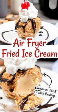 No oil, no mess! Make this restaurant style dessert at home with our easy Air Fryer Fried Ice Cream recipe! Soft vanilla ice cream coated in a crispy cinnamon sugar coating -- it's a decadent treat that the whole family will love!