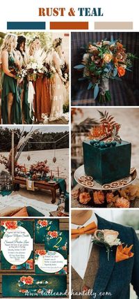 Amazing fall winter wedding color inspiration with mismatched rust and teal wedding cakes, wedding invitations...