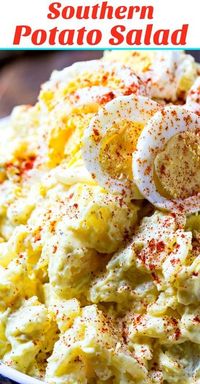 Southern Potato Salad is super creamy with a blend of mayonnaise and mustard, hard-boiled eggs, sweet onion, sweet pickle relish, and celery.