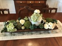 Dough Bowl Summer Decoration for Dining Room Table - used hydrangea and ranunculus flowers, assorted deco balls, eucalyptus, and a teapot.  Flowers gotten at Michael's and couple of  boxes of summer deco balls from Hobby Lobby