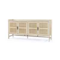 Monochromatic with a textural twist. Natural mango frames woven cane fronts, with black iron hardware for subtle contrast. Inside, spacious shelving awaits storage of dinnerware and more. Overall Dimensions: 72.00"w x 17.00"d x 33.00"h