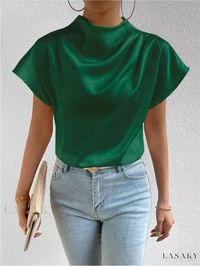 Lasaky - Round Neck Short Sleeve Blouse with Pleated Detail on the Left Shoulder