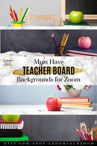 What is school without a teacher and a teaching board? This Zoom background pack has 4 high-quality virtual backgrounds including a teacher desk and board. Click to get these and other virtual classroom backgrounds. #zoombackground #virtuallearning #teacherbackground #virtualclassroom