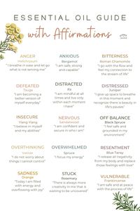 Essential oil guide with affirmations, aromatherapy, science of essentials, helichrysum, chamomile