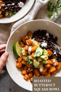 A healthy, easy, minimal ingredient fall bowl with butternut squash, black beans, and cilantro lime rice.