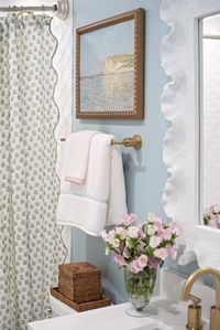 Click on the photo to shop our LTK for sources from this image and follow us on instagram for more home decor inspo!  girls bathroom, Sherwin Williams Lakeside, wall color trends, blue color walls, house interior, bathroom layouts, design inspo, girly apartment decor, woven decor,